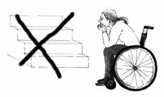 Zeichnung; Rollstuhlfahrerin vor Stufen, Stufen sind durchgekreuzt, Rollstuhlfahrerin schaut nachdenklich