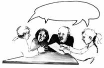 Zeichnung; 2 Frauen und 2 Mnner sitzen an einem Tisch und sprechen miteinander; eine leere Sprechblase schwebt ber der Gruppe