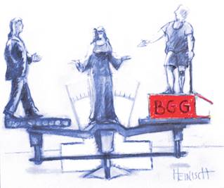 Zeichnung; Waage der Justitia, ohne BGG f�r Behinderte kein Gleichgewicht 